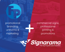 Graphic showing a partnership between fully promoted, a leading apparel franchise in the promotional items industry, and signarama, specializing in commercial signs and professional printing.