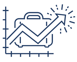 Line depicting a briefcase with a rising arrow and sparkles, symbolizing business growth or success in the custom merchandise franchise.