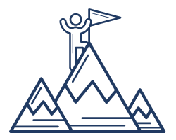 Line drawing of a person with arms raised in victory on the peak of a mountain for a custom merchandise franchise.