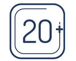 Custom merchandise franchise featuring "20+" inside a square with rounded corners, styled in dark blue lines.