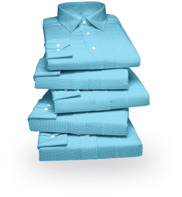 A stack of five neatly folded light blue dress shirts with buttoned collars and cuffs. The shirts are arranged in a vertical pile. A stack of five neatly folded light blue dress shirts with buttoned collars and cuffs. The shirts are arranged in a vertical pile.