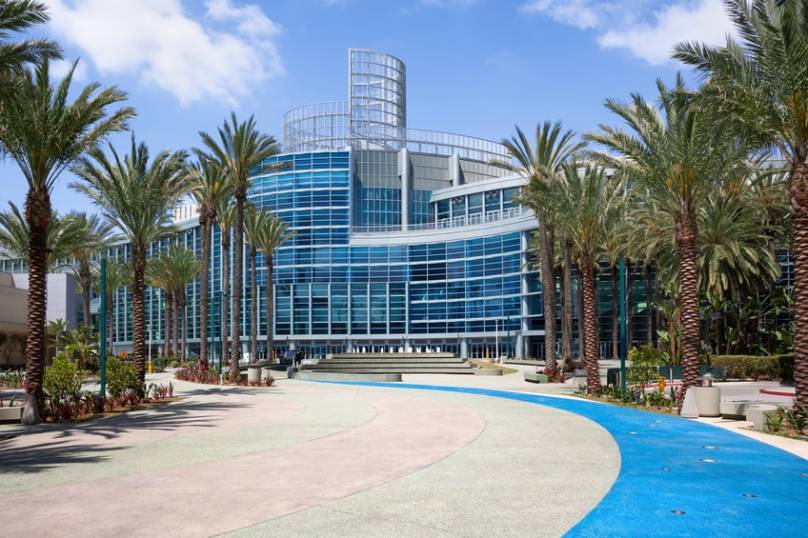 Modern glass building with curved architecture, surrounded by tall palm trees and a colorful walkway, under a blue sky.