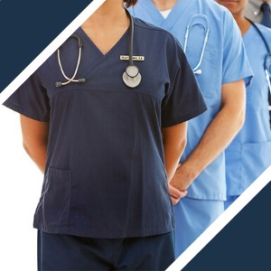 A group of healthcare professionals in blue scrubs, with stethoscopes around their necks, standing in a line against a white background.