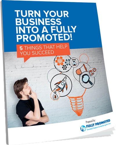 Brochure cover titled "Turn Your Business Into a Fully Promoted!" shows a person thinking with illustrated lightbulb and gears. Subheader reads "5 Things That Help You Succeed.