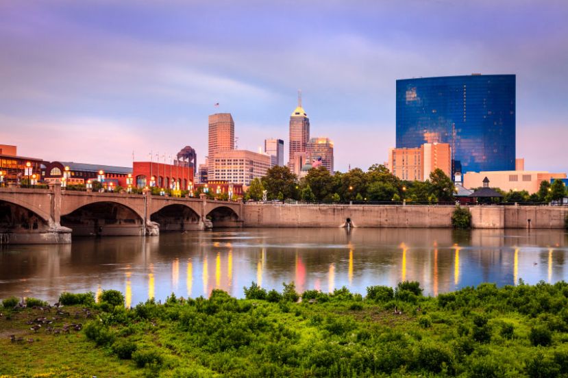 Skyline of Indianapolis with buildings and a bridge reflecting in a calm river, foregrounded by grassy greenery.